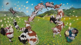 Enrico Robusti, Il pascolo delle mucche volanti. Olio su tela, 300×170 cm, 2018 (Brazzale)
